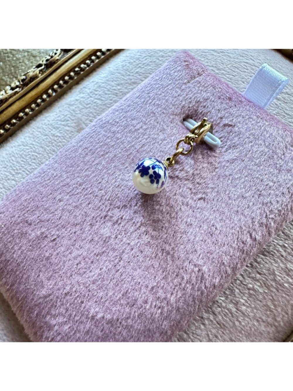 18K PVD Gold White Glass Bead Charm With Blue Floral Print & Gold Lobster Clasp - Picture 2 of 11